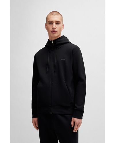 BOSS by HUGO BOSS Stretch-cotton Zip-up Hoodie With Logo Print - Black