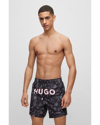 HUGO Recycled-material Swim Shorts With Logo And Paisley Print - Blue