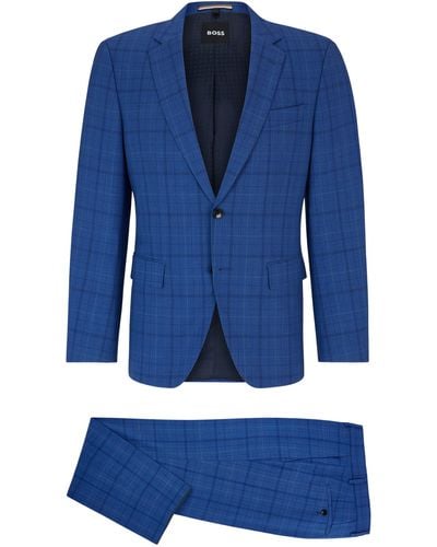 BOSS Karierter Slim-Fit Anzug aus Schurwolle - Blau