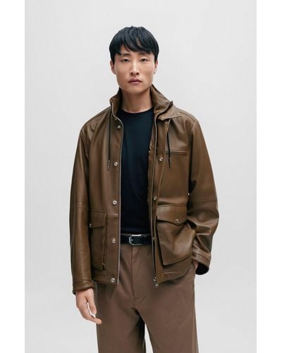 BOSS Relaxed-fit Jacket In Lamb Leather With Inside Pockets - Brown