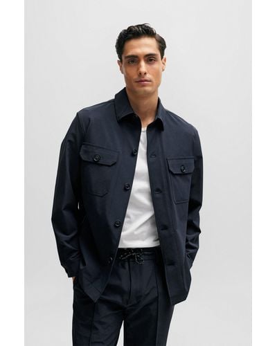 BOSS Relaxed-fit Button-up Overshirt In Stretch Material - Blue