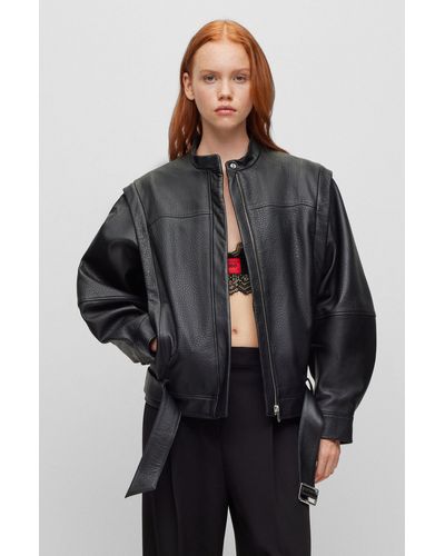 HUGO Oversized-fit Leather Jacket With Zip-off Sleeves - Black