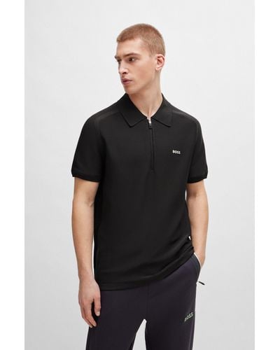 BOSS Short-sleeved Zip-neck Polo Sweater With Logo Detail - Black
