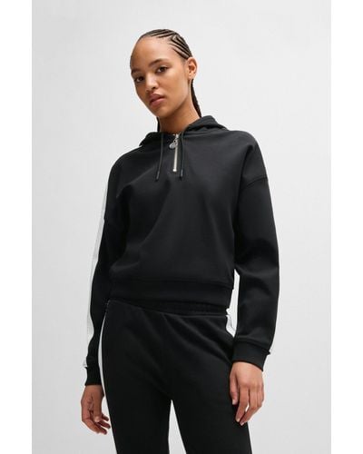 HUGO Zip-neck Hoodie In Stretch Cotton With Logo Tape - Black