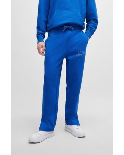 HUGO Bas de survêtement ample en molleton de coton avec logo contouré - Bleu