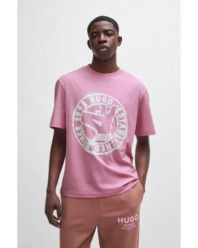 HUGO Cotton-jersey Regular-fit T-shirt With Signature Artwork - Pink