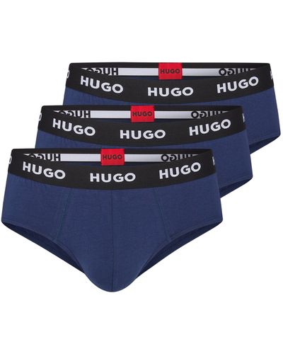 HUGO Lot de trois slips en coton stretch avec taille à logo - Bleu