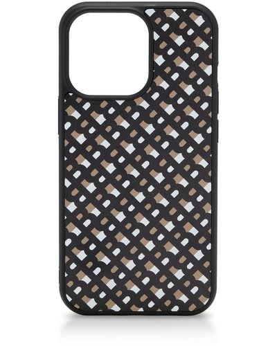 BOSS Leather-covered Iphone 13 Case With All-over Monograms - Black