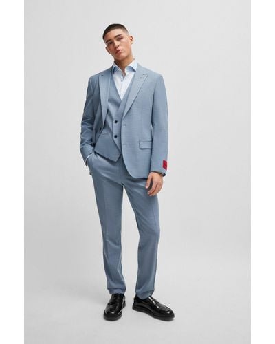HUGO Three-piece Slim-fit Suit In Patterned Stretch Cloth - Blue