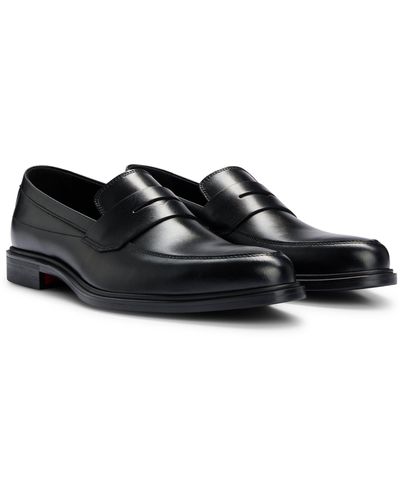 HUGO Leather Loafers With Penny Trim And Rubber Sole - Black