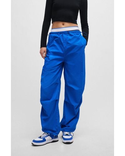 HUGO Baggy-fit Parachute Trousers In Cotton - Blue