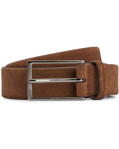 BOSS Suede Belt With Logo And Gunmetal Buckle - Brown