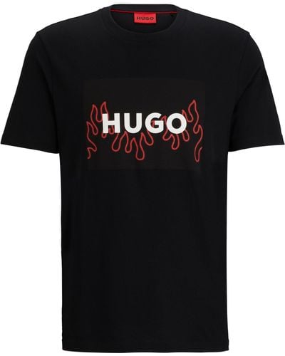 HUGO Regular-fit T-shirt Van Katoenen Jersey Met Vlammenlogo - Zwart