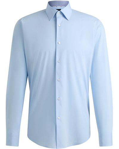 BOSS Regular-fit Overhemd Van Popeline Van Gemakkelijk Te Strijken Stretchkatoen - Blauw