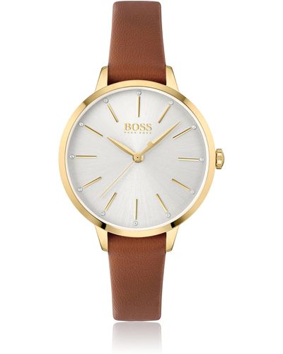 BOSS Gold-toned Watch With Crystal Accents And Leather Strap - White