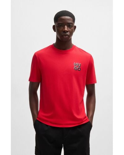 HUGO Cotton-jersey T-shirt With Stacked Logo Print - Red
