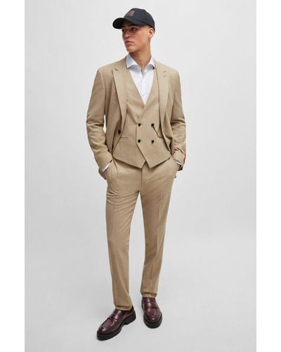 HUGO Three-piece Slim-fit Suit In Patterned Stretch Cloth - Natural