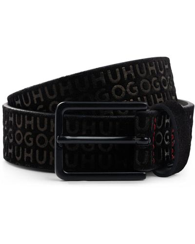 HUGO Cinturón de ante con logos repetidos - Negro