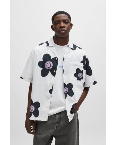 HUGO Oversized-fit Shirt In Floral-print Cotton Poplin - White