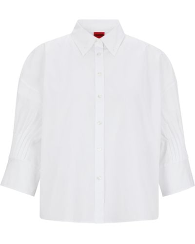 HUGO Regular-Fit Bluse aus Baumwoll-Popeline mit Plissee-Ärmeln - Weiß