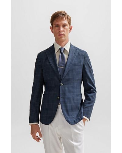 BOSS Slim-fit Jacket In A Checked Wool Blend - Blue
