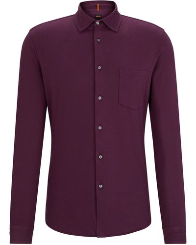 BOSS Slim-fit Overhemd Van Garment-dyed Katoenen Jersey - Paars
