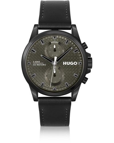HUGO Black-plated Watch With Black Leather Strap