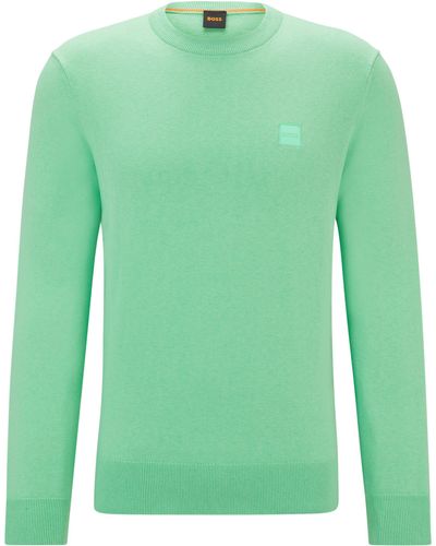 BOSS Pullover aus Baumwolle und Kaschmir mit Rundhalsausschnitt und Logo - Grün