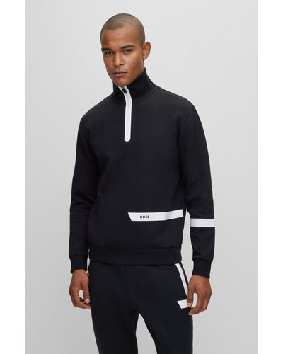 BOSS Cotton-blend Zip-neck Sweatshirt With Logo Stripe - Black