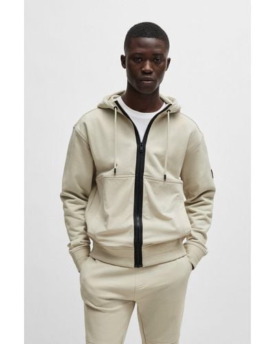 BOSS Relaxed-fit Zip-up Hoodie With Contrast Panel - Natural