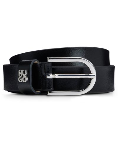 HUGO Cinturón de piel italiana con adorno metálico con logo apilado - Negro