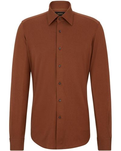 BOSS Regular-Fit Jersey-Hemd aus Baumwoll-Mix - Braun