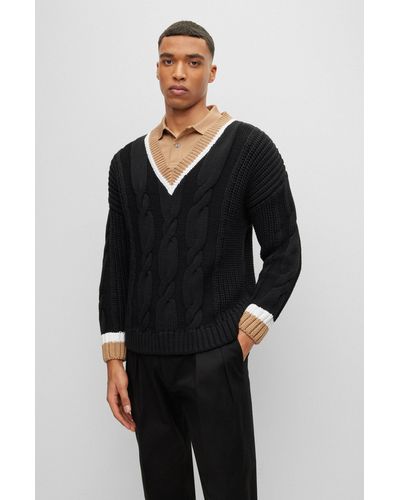 BOSS Cotton-blend V-neck Sweater With Cabled Structure - Black