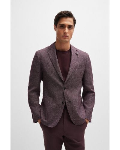 BOSS Slim-fit Jacket In Patterned Virgin Wool And Linen - Purple