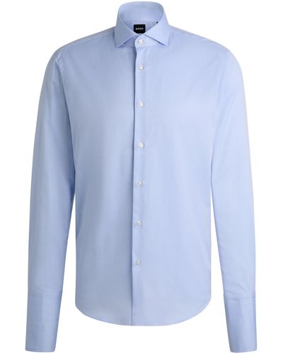 BOSS Regular-fit Overhemd Van Gestructureerde Katoen Met Dubbele Manchetten - Blauw