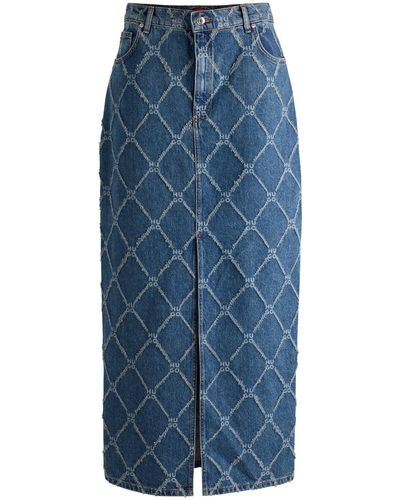HUGO Rigid-denim Maxi Skirt With Stacked-logo Pattern - Blue