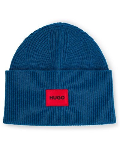 HUGO Gerippte Mütze mit rotem Logo-Label - Blau