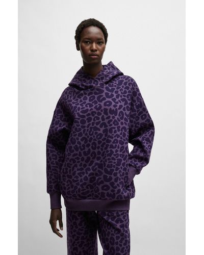 BOSS Naomi X Longline Cotton-blend Hoodie With Leopard Print - Blue