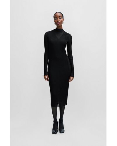 BOSS Lined Dress In Pliss Tulle With Mock Neckline - Black
