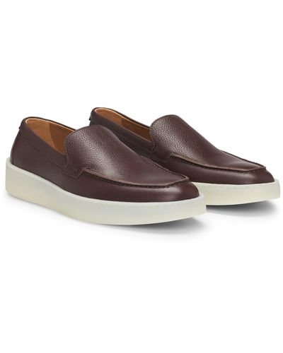 BOSS Grained-leather Loafers With Emed Branding - Brown