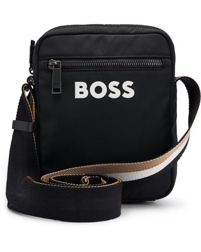 BOSS Contrast-logo Cross-body Bag With Signature-stripe Strap - Black