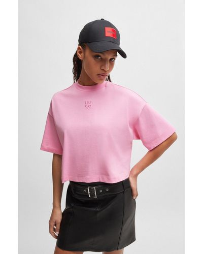 HUGO Relaxed-fit Cropped T-shirt In Cotton With Stacked Logo - Pink