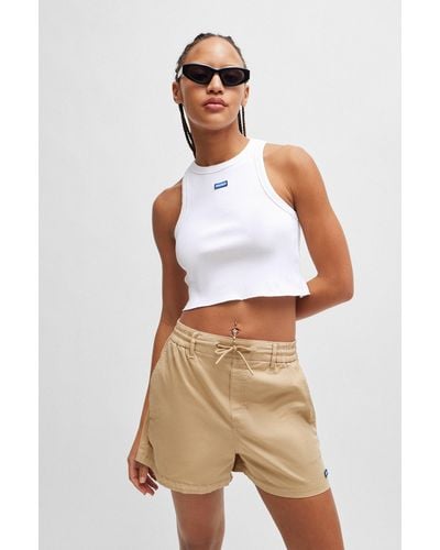 HUGO Stretch-cotton Cropped Tank Top With Blue Logo Label - White
