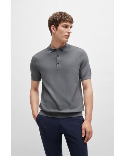 BOSS Regular-fit Polo Jumper With Mixed Structures - Grey