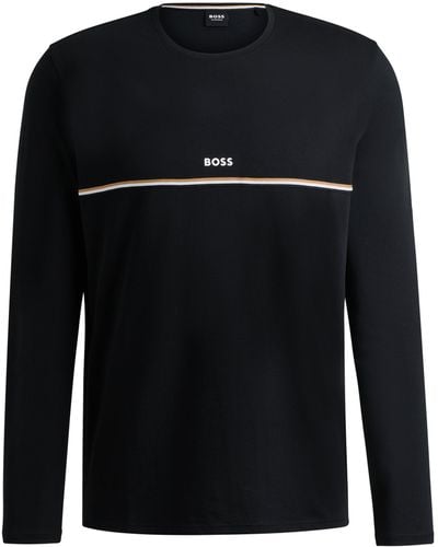 BOSS Pyjama-Shirt mit langen Ärmeln, Signature-Streifen und Logo - Schwarz