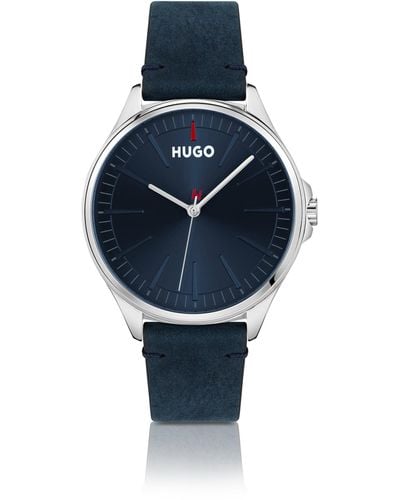 HUGO Distressed-leather-strap Watch With Blue Dial Men's Watches