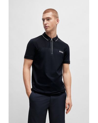 BOSS Polo Slim Fit à encolure zippée avec détails en mesh - Noir