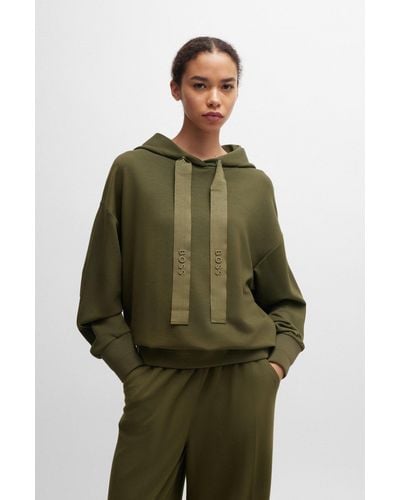 BOSS Relaxed-fit Hoodie With Logo-embroidered Grosgrain Ribbons - Green