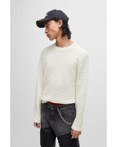 HUGO Relaxed-fit Pure-cotton Jumper With 3d Knitted Pattern - White
