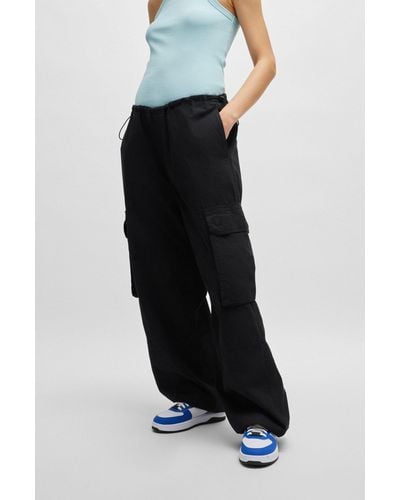 HUGO Oversized-fit Parachute Trousers In Cotton Poplin - Black